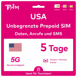 TSIM USA SIM-Karte 5 Tage | Unbegrenztes Datenvolumen, Anrufe & SMS | Prepaid USA SIM | Nutzt das T-Mobile-Netzwerk | Nummer vor der Reise erhalten | Hotspot-Sharing erlaubt | 5G SIM Karte! 5 Day
