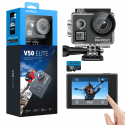 AKASO V50 Elite Action Cam,4K60FPS 20MP Unterwasserkamera mit 64GB U3 Speicherkarte WiFi mit Touchscreen EIS 40M Sportkamera 8X Zoom Sprachsteuerung Fernbedienung Zubehör Kit