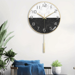 QHENS Wanduhr Ohne Tickgeräusche Modern, Wanduhr Wohnzimmer mit Pendel für Dekorative, Uhr Wand Leise Ohne Ticken Schwarz Weiß, Rund 30CM Goldrahmen