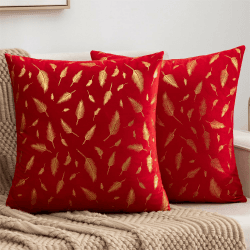 Sofakissen 45x45 Deko Kissenbezug Rot Boho Moderne Samt mit Federn Goldenen Bronzing Kissenhülle Couchkissen Bezüge Herbst für Wohnzimmer Garten Sofa Garten Weihnachten Kissen Heimdekoration 2er Set