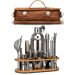DUEBEL Barkeeper-Set, professionelles 24-teiliges Mixology-Bar-Werkzeug-Set, mit Reise-Barkeeper-Tasche und stilvollem Bambusständer, perfekt für ein tolles Mix-Erlebnis