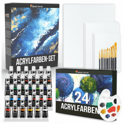 Zenacolor - Acrylfarben set (40 Stück) - 24x12ml Acrylmalerei Starterset - Mit 5 Canvas, 10 Pinsel, 1 Palette - Farben Acryl Malset für Künstler - Malkoffer für Erwachsene