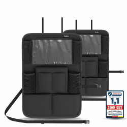 POUKO® Autositz Organizer PREMIUM [2er Set] Schwarz I Rückenlehnenschutz inkl. Tablet Fach I Wasserabweisender [600D Oxford] Kinder Rücksitz Organizer | Universeller + faltenfreier Rücksitzschoner