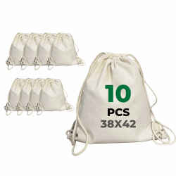 LYRVON TEXTIL 10er-Pack Premium Baumwoll Turnbeutel 38 x 42 cm | Sportbeutel | Zuziehbeutel | Gymsack | Jutebeutel | Schule Rucksack | Naturfarbe