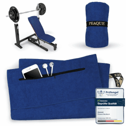 PEAQUE Fitness-Handtuch mit Reißverschlusstasche | Mikrofaser mit Frottee-Struktur | Sport-Handtuch für Fitnessstudio und Gym | weich, schnelltrocknend (Navy-Blau, 120 x 50 cm)