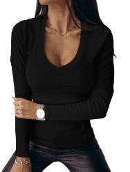Chicrise Pullover Damen Langarm V Ausschnitt Sweatshirt Damen Basic Eng Ribbed Oberteile Schwarz XXL