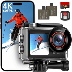 syndesmos Action Cam 4K 60FPS, 40M Unterwasserkamera, 30MP HD Unterwasserkamera Schnorcheln 2 LCD Bildschirm, Wasserdicht EIS Touchscreen Actioncam mit 64GB Karte, 2.4G Fernbedienung, Zubehör Kit