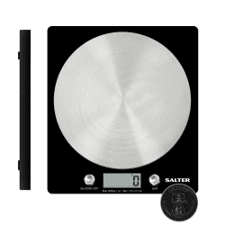 Salter 1036 BKSSDR Digitale Küchenwaage - 5kg, Null-/Tara-Funktion mit hochpräzisen Sensor, Einfache zu Reinigung runde Edelstahlplattform, misst Flüssigkeiten in ml/fl. OZ, LCD-Anzeige, Schwarz