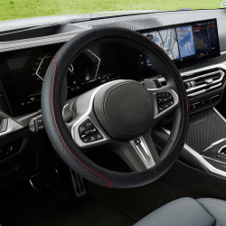 deemars Leder Auto-Lenkradabdeckung, 15 Zoll Bunte Strasssteine Elastische Lenkradschutz, Auto Interieur Zubehör Anti-Rutsch-Auto-Lenkrad-Schutz Universal für die meisten Autos (K1-Schwarz rot)