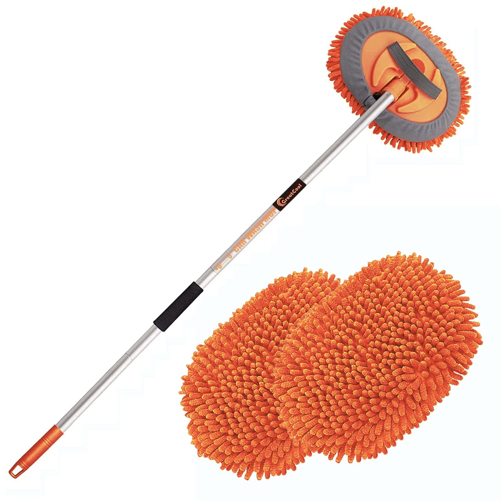 GreatCool 160CM Autowaschbürste Waschbürste Auto mit Langer Griff, 2 in 1 Orange Mikrofaser Chenille Autowaschmopp Waschhandschuh Reinigungsbürste für Auto RV Trucks Wohnwagen Wohnmobil（2 x Moppkopf）