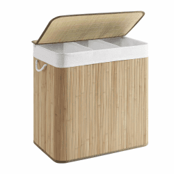 SONGMICS Wäschekorb, 150 l, schmutziger Wäschekorb, 3 Sortierfächer, Deckel aus Bambus, Griffe, faltbar, abnehmbarer Beutel, maschinenwaschbar, für Waschküche, Schlafzimmer, Holzfarbe LCB091N01