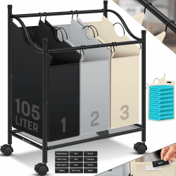 KESSER® Wäschekorb Wäschesammler Wäschesortierer mit 3 abnehmbaren Stofftaschen | 3 Fächer x 35 Liter | Wäschebox mit 12 Waschhinweisen 360° Rollen mit Bremse Wäsche-Sortiersystem Wäschewagen Bunt