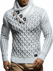 Leif Nelson Herren Strick-Pullover Schalkragen Slim Fit Winter Sommer Moderner Männer schwarzer Pulli T-Shirt Langarm mit Kragen Herren Hoodie-Wollpullover LN5385 XL Ecru-grau