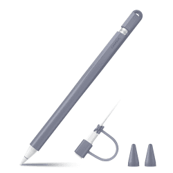 Fintie Silikon Hülle Kompatibel mit Apple Pencil (1. Generation) - Ultra leichte Stifttasche, weiche schützende Griffhalterung mit 2 Spitzenabdeckung und 1 Cable Adapter Tether, Lavendel Grau