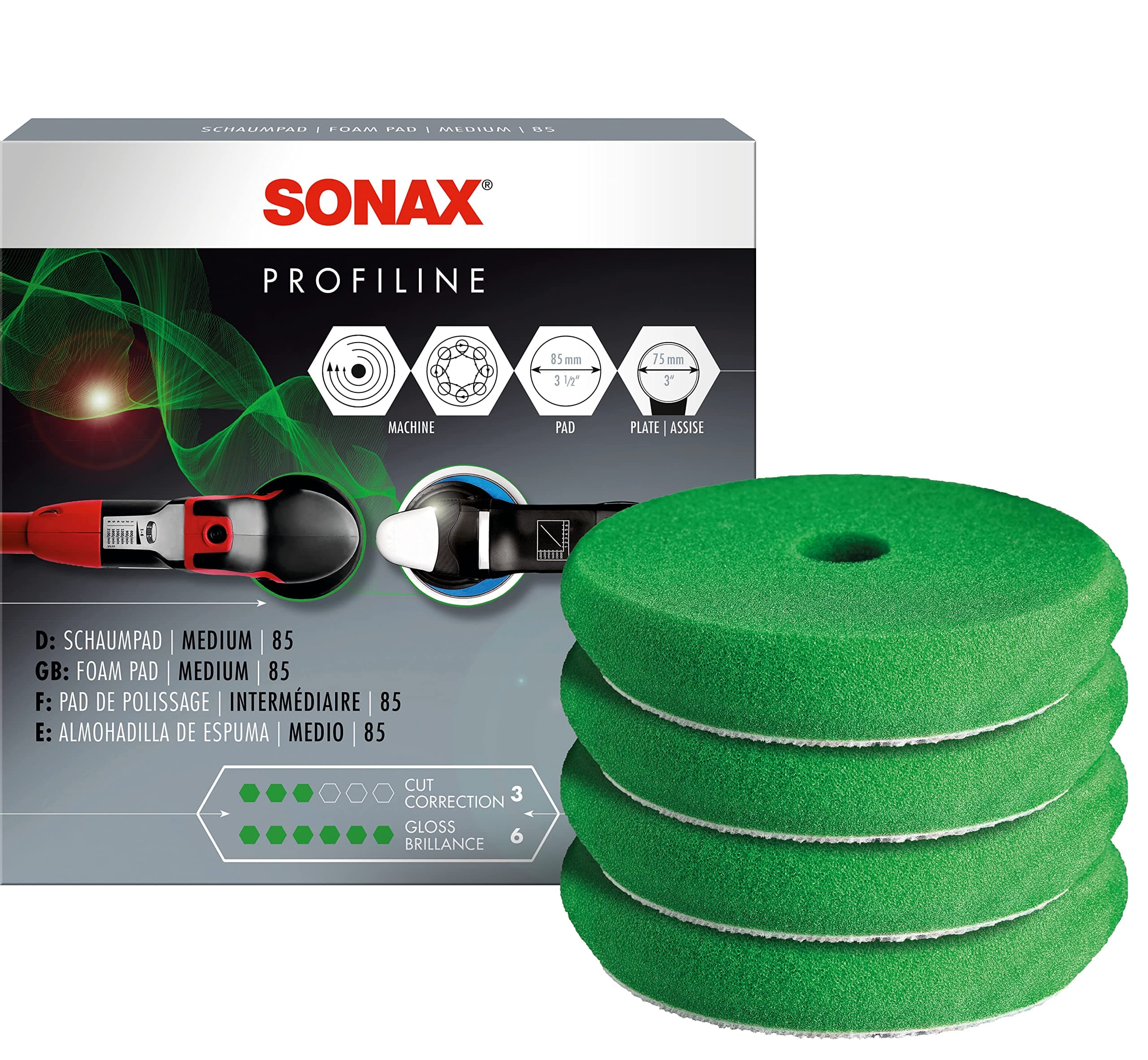 SONAX SchaumPad medium 85 mm (4 Stück) mittelharter, offenporiger Polierschwamm zum maschinellen Polieren von Lacken / Art-Nr. 04942410