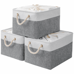 Yawinhe 3 Stück Aufbewahrungskorb Stoff, Faltboxen Aufbewahrungsbox, mit Kordelzug-Abdeckung und 2 Griffen, Körbe Aufbewahrung, für Schrank und Regal, 33x23x20cm, Weiß/Grau, SNK003WGS