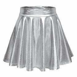 Damen Glänzend Metallisch Mini Rock Elastische Taille Ausgestellte Pull On Skater Röcke Silber M