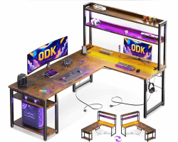 ODK Gaming Tisch mit LED, Reversibel Schreibtisch L Form mit 2 Steckdosen und 2 USB Ladeanschluss, Eckschreibtisch mit Stall und Lagerregal, 150×120 cm, Vintage-Braun