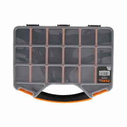 Perel Sortimentskasten leer, Sortiment Koffer, Schrauben Sortierbox, Sortierbox für Kleinteile Werkstatt, Sortimentsbox, transparenter Deckel, 16 Trennwände, stapelbar, 326 x 257 x 48 mm, schwarz/gelb