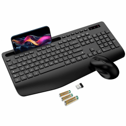 Tastatur Maus Set kabellos, Handballenauflage, Telefonhalter, Akku im Lieferumfang enthalten, 2.4G keine Latenz Ergonomische Tastatur kabellos Set, Leise Maus und Tastatur für Laptop, PC, Mac, Windows