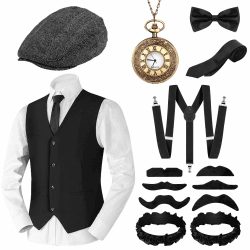 Alintor 20er Jahre Kostüm Herren, Faschingskostüme Männer, Peaky Blinders Kostüm, Mafia Karneval Kostüm Herren, 20er Jahre Accessoires Panamahut Taschenuhr Fliege Hosenträger Herren Kostüm Set XL