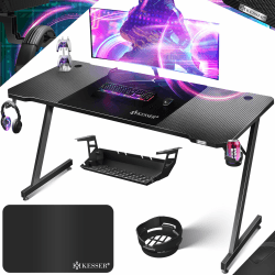 KESSER® Gaming Tisch 180cm x 80cm | Z-Form Gamer Schreibtisch | Kopfhörerhaken & Kohlebeschichtung | Ergonomischer PC Computertisch | Stabiler Tisch mit Getränkehalter Schwarz