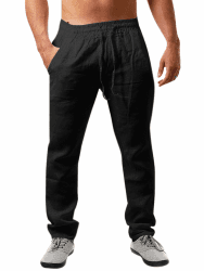 Runcati Herren Leinenhose Einfarbiges Lang Leicht Sommerhose Loose Fit Freizeithose mit Kordelzug für Urlaub Strand Alltag L Schwarz