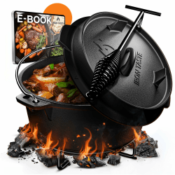 IRON TASTE Dutch Oven Set 9L - Eingebrannter Dutch Oven 9 Liter - Feuertopf Gusseiserner Topf mit praktischem Deckelheber & Edelstahl Untersetzer