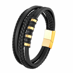 Hernin Leder Armreif Herren Armband Leder Schwarz Geflochten Leder Breites Wickelarmband Lederarmband Herren mit Magnet Verschluss Männer Personalisiertes Armband Gold Verschlusses