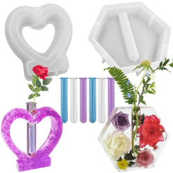 2 Stück Vase Silikonformen, AFUNTA Herz Harz Formen Silikon Sechseck Epoxidharz Formen mit 6 Röhren, für Pflanzenvermehrung, Hydrokultur, Blumenkonservierung