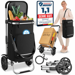 maxVitalis Einkaufstrolley klappbar, Einkaufswagen mit Kühlfach, 3in1 Trolley, Sackkarre & Umhängetasche, Einkaufsrollwagen, Shopping Trolley 43L Kapazität & Spanngurt, Hackenporsche Schwarz