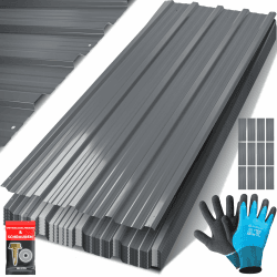 KESSER® 12x Profilblech Trapezblech 129cm x 45cm = 7 m² - Dachblech für Gerätehaus, Dachplatten Verzinkter Stahl 0,25mm, inkl. 100 Schrauben + Unterlegescheiben & Montagehandschuhe, Grau