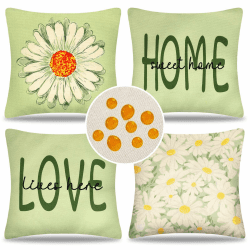 Velvhom Grün Kissenbezüge 50 x 50 cm wasserdichte Leinen Weiße Gänseblümchen Frühling Sommer Sofakissen Dekokissen Quadratische Leinen Kissenhülle 4er-Set für Outdoor Garten Wohnzimmer Sofa