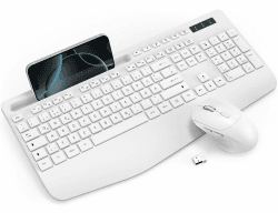 Tastatur Maus Set Kabellos, Ergonomische Tastatur in Voller Größe mit Handgelenkauflage, Telefonhalter, Schlafmodus, Leise 2,4 GHz kabellose Tastatur und Maus für Windows, Computer, Laptop, PC - Weiß