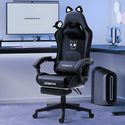 Dowinx Gaming Stuhl - Süße Katze Edition - Ergonomischer Computerstuhl mit Hoher Rückenlehne und Lendenwirbelstütze, PU-Leder, Fußstütze, Halloween Black Katze