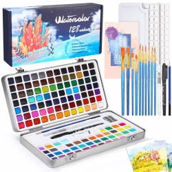 Azyvum Aquarellfarben Set 128 Farben in Tragbarer Box, Mit Pinsel und Aquarellpapier, Aquarell für Reisen, Wasserfarben für Künstler, Hobbymaler und Malerei-Liebhaber