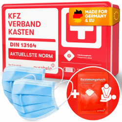 PURAHELP KFZ Verbandskasten nach aktueller Norm 2025 DIN 13164 (StVO konform) - Inkl. Beatmungstuch, 2x Klettstreifen - Erste Hilfe Set Auto Verbandskasten 2025