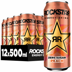 Rockstar Energy Drink Peach Zero Sugar - Koffeinhaltiges Erfrischungsgetränk ohne Zucker für den Energie Kick, EINWEG (12 x 500ml)