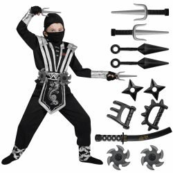 Spooktacular Creations Kind Deluxe Ninja Kostüm set mit Ninja Schaumstoff Zubehör, Halloween Dress Up für Jungen und Mädchen, Kung Fu Outfit, Halloween Ideen, Ninja Rollenspiel Medium (8-10 yrs) Silver