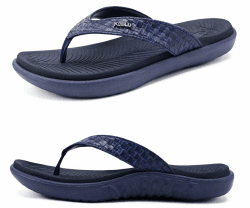 KuaiLu Flip Flops Damen Leder Zehentrenner mit Arch Support für Sommer Beach Frauen Bequeme Yoga Mat Tanga Sandalen für Plantar Fasciitis 41 EU Dunkelblau