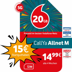 Vodafone Prepaid CallYa M | 20 GB | 15 EUR Startguthaben | ohne Vertrag | 5G-Netz | Telefon- SMS-Flat | EU-Roaming