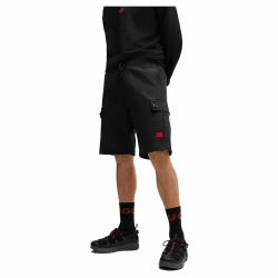 HUGO Herren Garlio242 Shorts aus strukturierter Baumwolle mit rotem Logo-Label 106 Black1