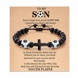 Cupimatch Armband Perlen für Teenager: Natursteinperlen Kreuz Armband für Herren Jungen Sohn Geschenk zum Geburtstags Abschluss Weihnachten Perlenarmband mit Karte Fußball