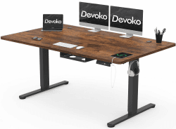 Devoko Höhenverstellbarer Schreibtisch 160x80cm mit Typ-C Ladeanschluss, Mobiler Elektrisch Computertisch mit Kabel Management Tray und 3-Funktions-Memory, Vintage-Braun