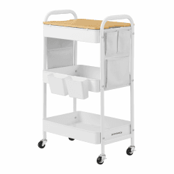 SONGMICS Rollwagen, Küchenwagen, 3 Metallgitterablagen, Servierwagen, 2 abnehmbare Hängebehälter, 2 Organizer, für Büro, Küche, Wohnzimmer, Badezimmer, wolkenweiß LRC036W01