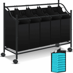 KESSER® Wäschekorb Wäschesammler Wäschesortierer mit 5 abnehmbaren Stofftaschen | 5 Fächer x 35 Liter | Wäschebox mit 12 Waschhinweisen 360° Rollen mit Bremse Wäsche-Sortiersystem Wäschewagen Schwarz