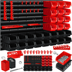 MASKO® Stapelboxen + Wandregal + Werkzeughalter 45-teiliges Set Box erweiterbar Sichtlagerkästen Schüttenregal Steckregal, Hängeregal Sortimentskasten Kleinteilemagazin Werkstatt-Regal Schwarz/Rot