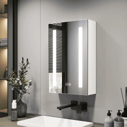 EMKE Spiegelschrank Bad mit Beleuchtung 40x60cm, 3 dimmbare Lichtfarben, Antibeschlag, Steckdose, Badezimmer Spiegelschrank mit Glasablage, Weißer Doppelspiegel, Speicherfunktion Spiegelschrank