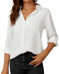 Damen Button-Down Shirts Langarm Kragen Tops Lady Work Office Chiffon Bluse M Weiß