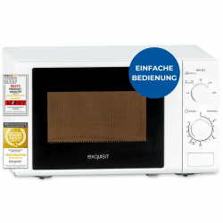 Exquisit Mikrowelle 20L, 700 Watt, Einfache Bedienung, 25,5cm Drehteller, 5 Leistungsstufen, Timer, Auftaufunktion, 2 Drehregler, MW 802 weiss